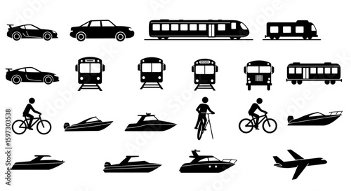 Transportation Icons Featuring Cars, Trains, Bicycles, Boats, and Airplanes in Silhouette Style