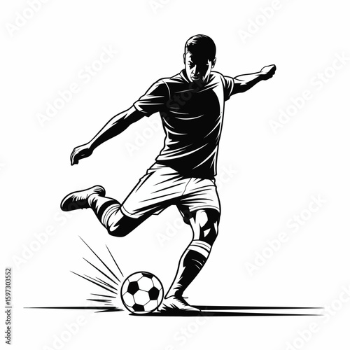 Dynamic soccer player kicking a ball in action sketch