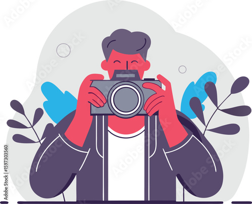 Flat illustration of a man taking picture, photographs 