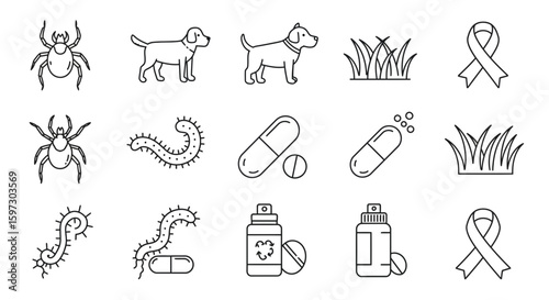 Vector line icons of dog health and common animal illnesses for pets concept