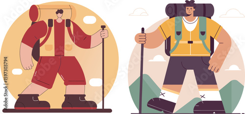 Flat illustration of a man hiking in mountain with camping gear
