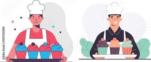 Flat illustration of waiter in restaurant serving ice cream