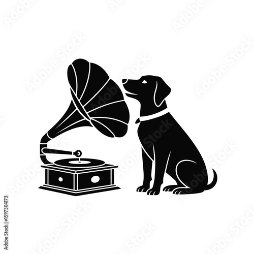 Black silhouette of a dog listening to an old gramophone