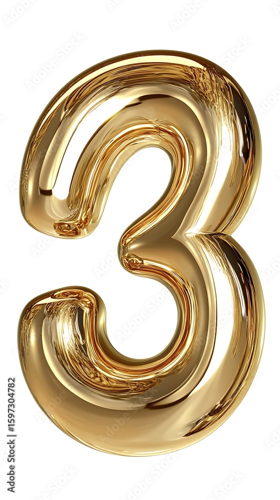 Glossy Golden Number Three 3D Render of Metal Font Isolated on White Glossy Golden Number Three 3D Render of Metal Font Isolated on White