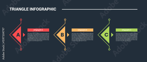 triangle shape infographic process diagram with arrow triangle pointer on horizontal direction with 3 points dark background bright outline style