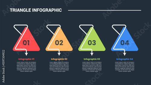 triangle shape infographic process diagram with perfect pyramid with line arrow stick with bottom direction with 4 points dark background bright outline style