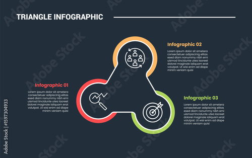 triangle shape infographic process diagram with creative circle spinner combination cycle circular with 3 points dark background bright outline style