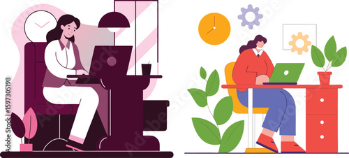 Women working at her workplace on laptop in vector illustration 