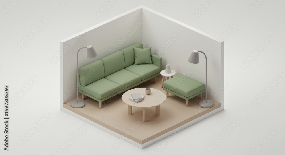 Fototapeta premium Isometric minimalist living room scene