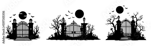 Cemetery gate set with full moon for Halloween decoration. Vector illustration.