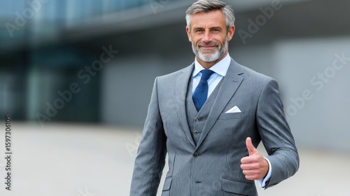 professional man dressed in a stylish three-piece suit stands outdoors, smiling and giving a thumbs up at an urban location. daylight highlights his confident demeanor and sharp attire