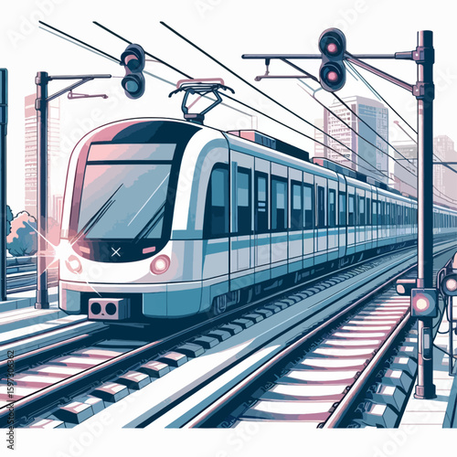 Graphic illustration of a modern light rail train moving through a stylized urban landscape.