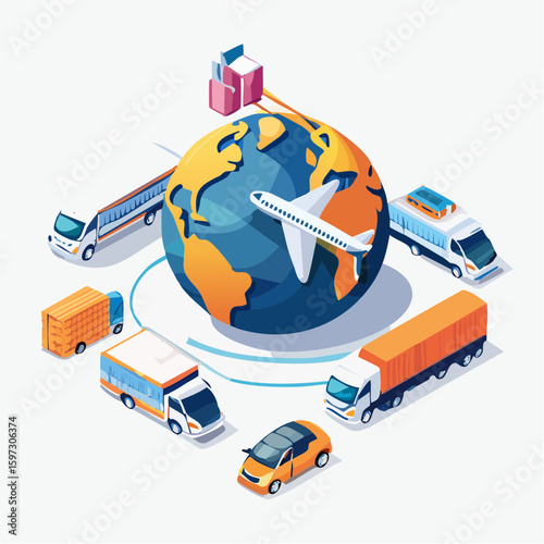 Global logistics network Flat 3d isometric vector illustration Icons set of air cargo trucking rail transportation maritime shipping