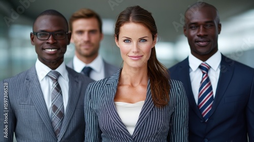 Professionals stand together in a sleek office environment, showcasing teamwork and unity. Smartly dressed, they exude confidence and readiness to tackle business challenges ahead