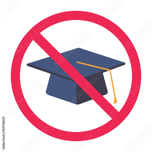 No graduation cap sign, forbidden mortarboard sign, no academic hat allowed icon
