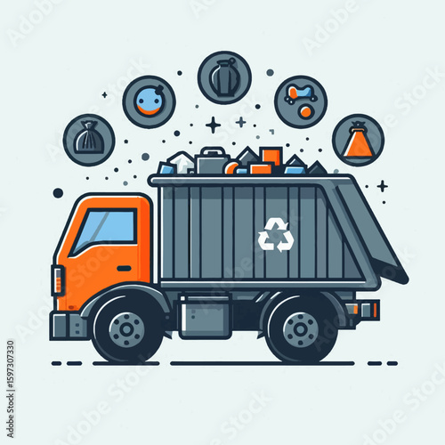 Stylized illustration of a garbage truck carrying various types of waste, highlighting the theme of recycling and waste disposal.  The truck is depicted in profile view.