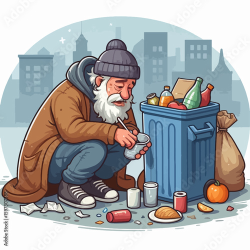 Depicted is an elderly man, likely homeless, crouched down near a full overflowing trash can. He appears to be searching through the discarded items for something to eat.