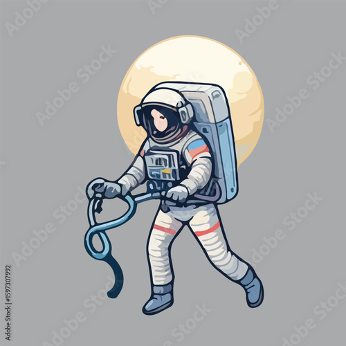 Stylized astronaut in white suit holding blue tether with moon behind space exploration