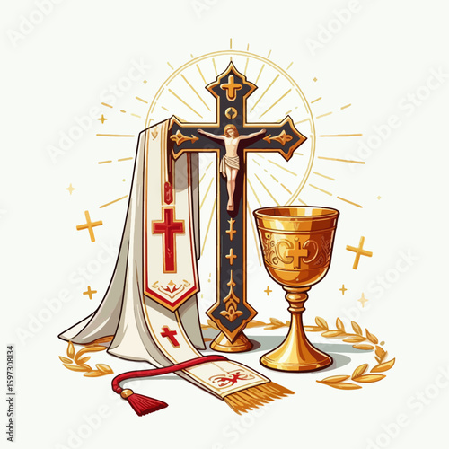 Graphic illustration of Christian religious objects, including a cross, chalice, and liturgical vestments, arranged in a decorative composition.