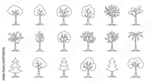 Assorted tree icon set in thin line style isolated on white background