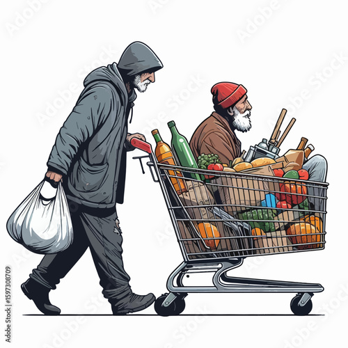 Two elderly, impoverished men navigating a city street, their shopping cart overflowing with food and supplies, conveying a social issue of food insecurity and poverty.