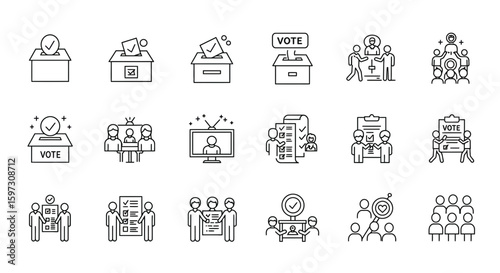 Collection of minimalist voting and election line icons depicting democratic process