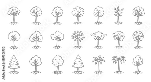 Collection of minimalist tree icons for nature themes and graphic design projects