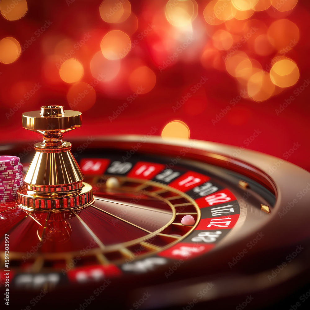 Obraz premium Stylish Roulette and Chips on Red Casino Table with Bokeh Lights