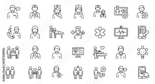 Medical healthcare line icons set, doctor nurse patient hospital care emergency help