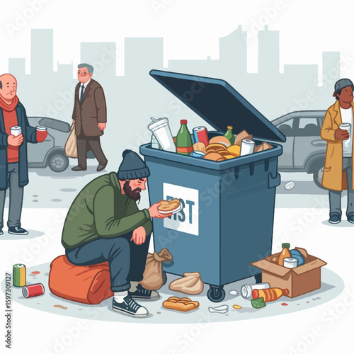 Homeless person is shown on a street eating scraps from an overflowing dumpster.  Several other people walk by, unaware of the man's plight.