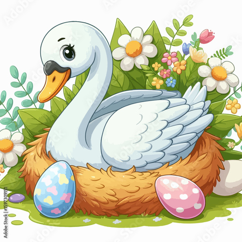Cartoon swan is depicted seated in a nest filled with colorful eggs, surrounded by flowers and foliage. The artwork features a pastel color palette and a cheerful aesthetic.
