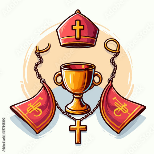 Stylized, colorful illustration of religious symbols, including a mitre, chalice, and cross, arranged on a simple background.