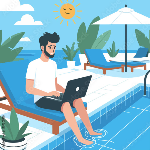Man sits by a pool and works on his laptop on a comfortable chair, with tropical plants and a sunny sky.