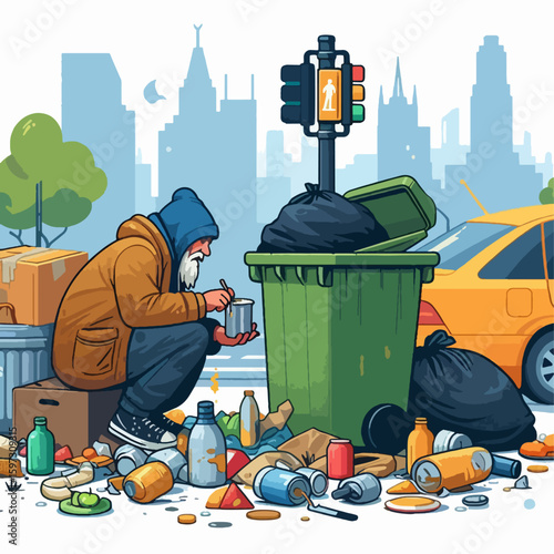 Person crouched on a city street, searching through overflowing trash receptacles for sustenance, highlighting urban poverty and resourcefulness.