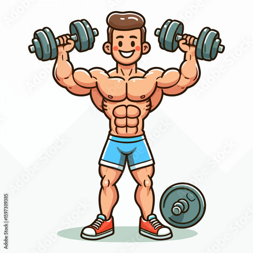 Cheerful cartoon character, showcasing a muscular physique,  actively lifting dumbbells.  He is depicted in a dynamic workout position.