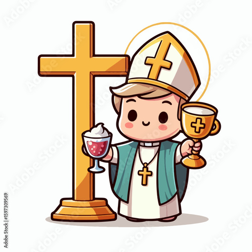 Cheerful, cartoonish depiction of a bishop holding a chalice and a goblet.  He stands beside a golden cross.