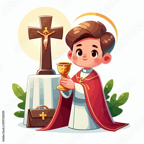 Digital illustration of a young, charming child portrayed as a priest, holding a chalice in front of a cross, depicting a moment of religious devotion.