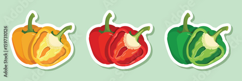 Pepper bell sticker icon set collection in flat style. Fresh paprika vector illustration on isolated background. Healthy food sign business concept.