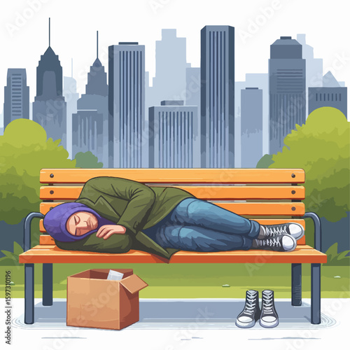 Person sleeps on a park bench, surrounded by a cardboard box and other simple possessions, in a cityscape background.  The setting is peaceful.