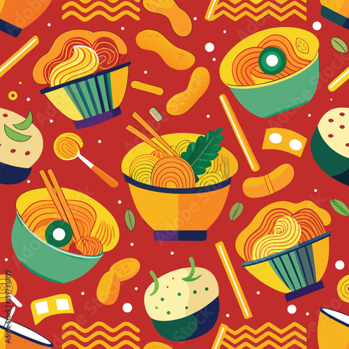 Noodle Ramen Pattern background. Pasta food texture spaghetti geometric. Abstarct ramen ornament. Flat vector illustartion. Wave texture background