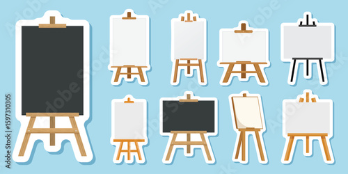 Painting easel sticker icon set collection in flat style. Canvas vector illustration on isolated background. Artistic paper sign business concept.