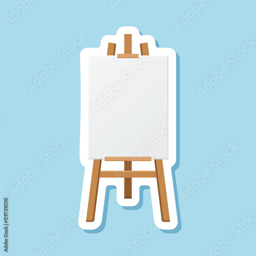Painting easel sticker icon in flat style. Canvas vector illustration on isolated background. Artistic paper sign business concept.