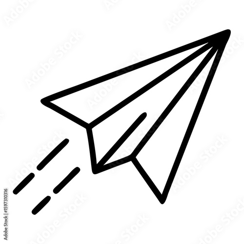 A simple line drawing of a paper airplane in flight with dashed lines indicating motion and speed effect