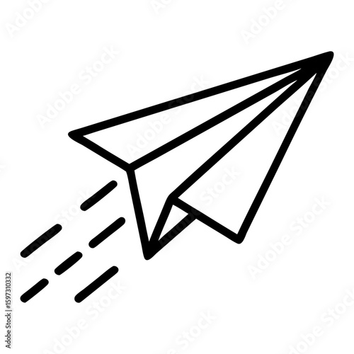 A simple line drawing of a paper airplane with motion lines indicating forward movement and direction