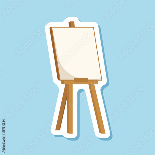 Painting easel sticker icon in flat style. Canvas vector illustration on isolated background. Artistic paper sign business concept.