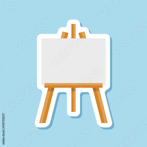 Painting easel sticker icon in flat style. Canvas vector illustration on isolated background. Artistic paper sign business concept.