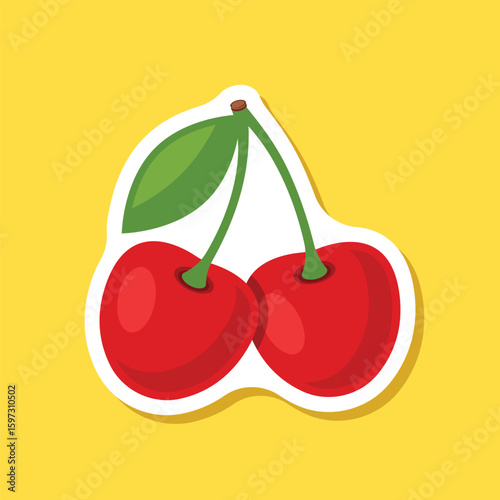 Cherry berry sticker icon in flat style. Fresh fruit vector illustration on isolated background. Fresh cherry sign business concept.