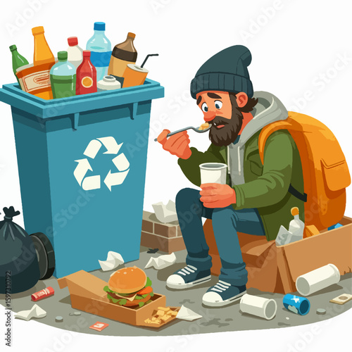 Cartoon illustration of a person sitting on the ground near a full trash bin, eating food discarded from the bin.  The scene depicts poverty and hunger.