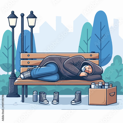 Stylized illustration of a person sleeping on a park bench, surrounded by discarded items, suggesting homelessness and poverty.