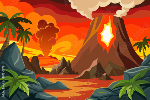 Cartoon Erupting Volcano Landscape – Vector Illustration with Lava, Smoke, and Tropical Scenery
